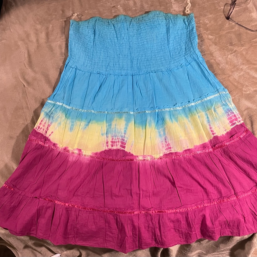 She's Cool Tie-Dye Tiered Maxi Skirt in Blue, Yellow & Pink